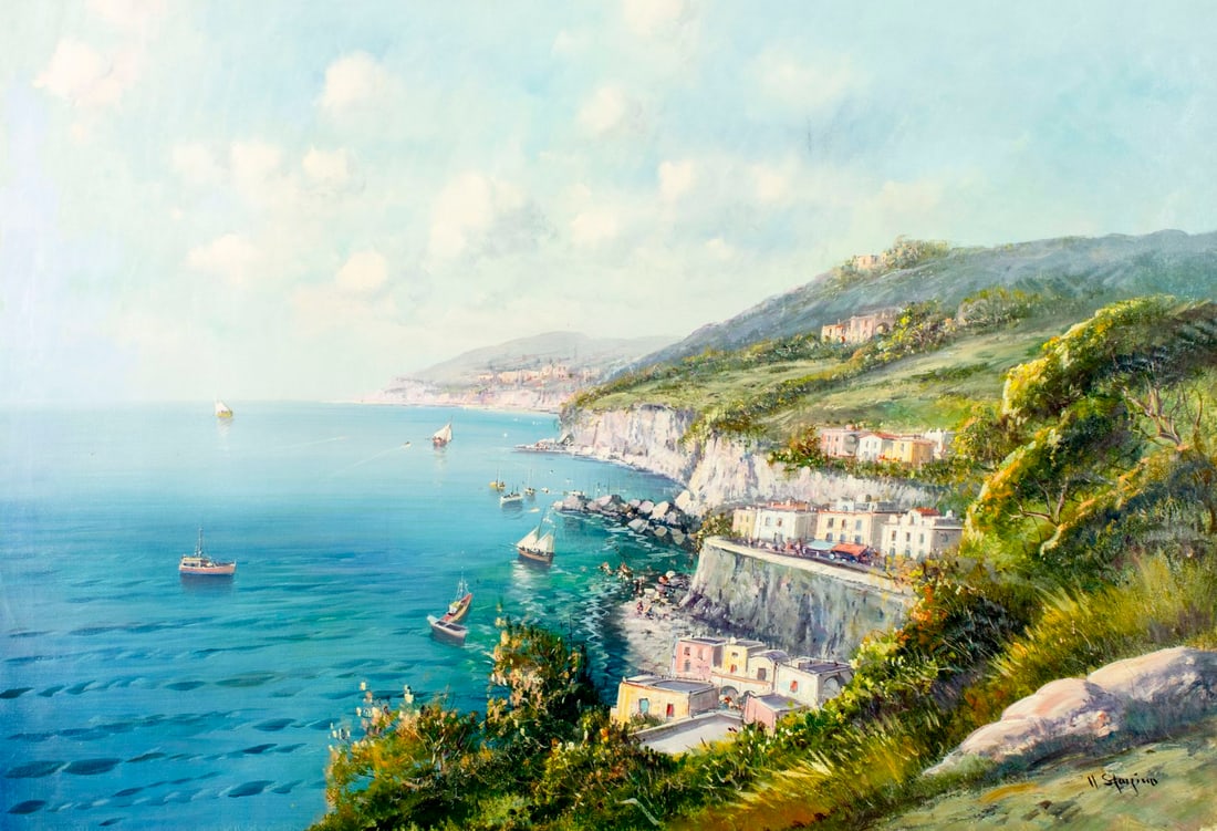 Starzino (Italy,20C) oil painting: ARTIST: Starzino (Italian, 20 century) TITLE: Italian Coastal Town Landscape MEDIUM: oil on canvas CONDITION: Unstretched (In-House stretching available). Overall good. No v