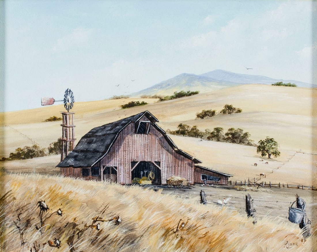 Lonna (CA,20C) oil painting: ARTIST: Lonna (California, 20 century) TITLE: Landscape with Barn YEAR: 1984 MEDIUM: oil on board CONDITION: Minor damages to upper edge. No visible inpa