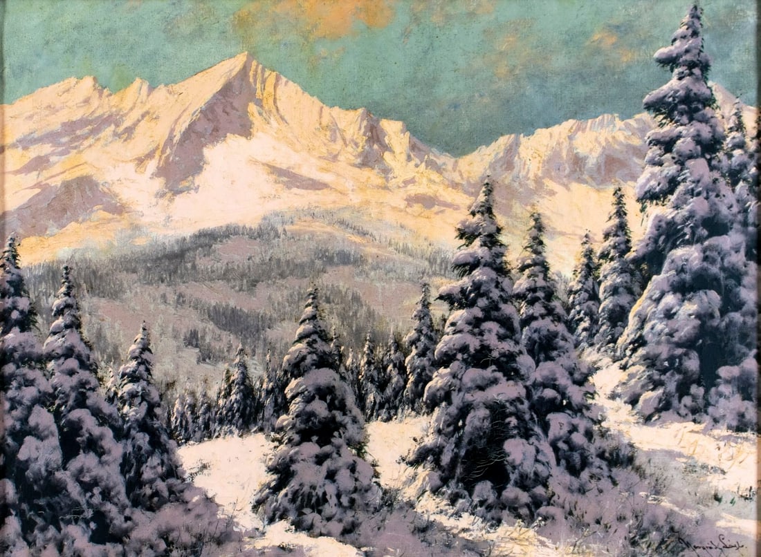 Laszlo Neogrady (Hungary,1896-1962) oil painting: ARTIST: Laszlo Neogrady (Hungarian, 1896 - 1962) TITLE: Winter Mountain Landscape MEDIUM: oil on canvas CONDITION: Few minor paint losses. Some craquelure. No visible inpa