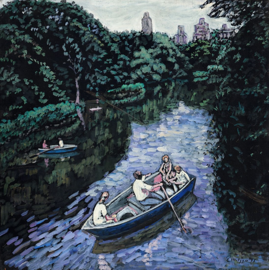 Evelyn Metzger (NY,Brazil,1911-2007) oil painting: ARTIST: Evelyn Borchard Metzger (New York, Brazilian, 1911 - 2007) TITLE: River Landscape with Rowboats YEAR: 1995 MEDIUM: oil on board CONDITION: Mino