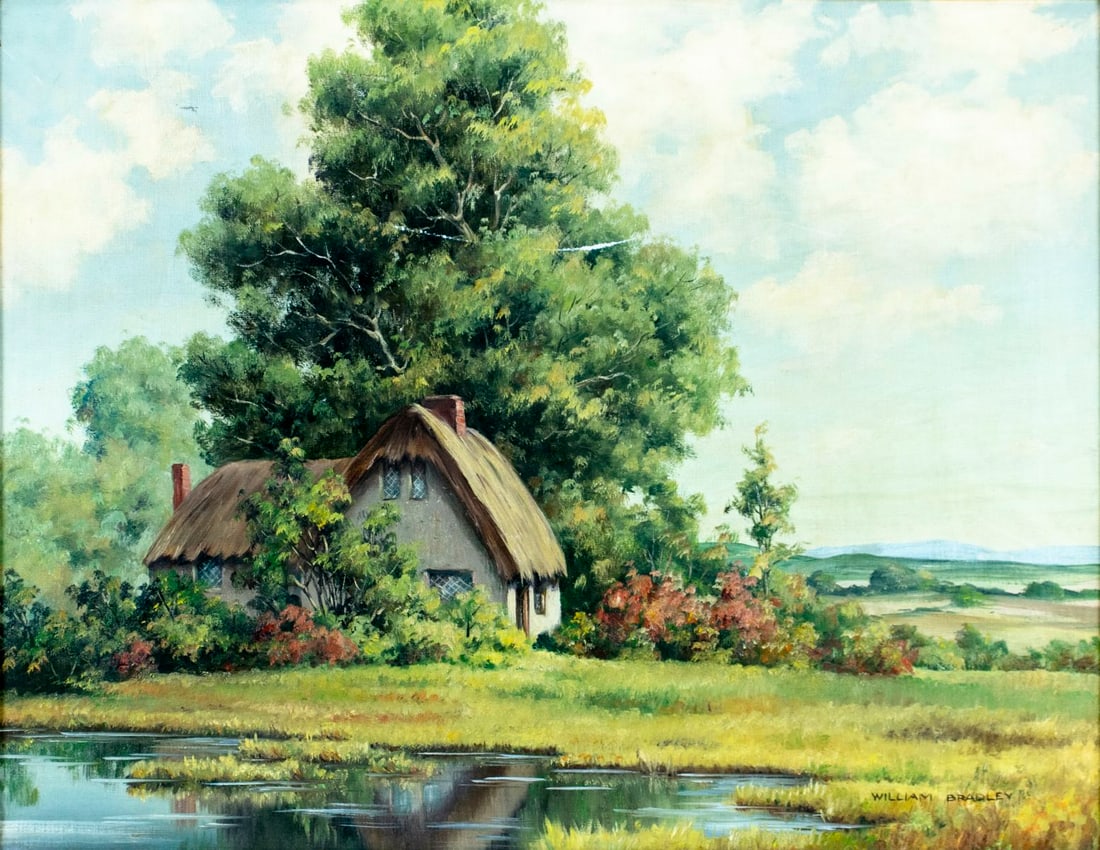 William Bradley (MA,NJ,1880-1945) oil painting antique: ARTIST: William Bradley (Massachusetts, New Jersey, 1880 - 1945) TITLE: Countryside Landscape with House MEDIUM: oil on canvas CONDITION: Two patches. One puncture by the