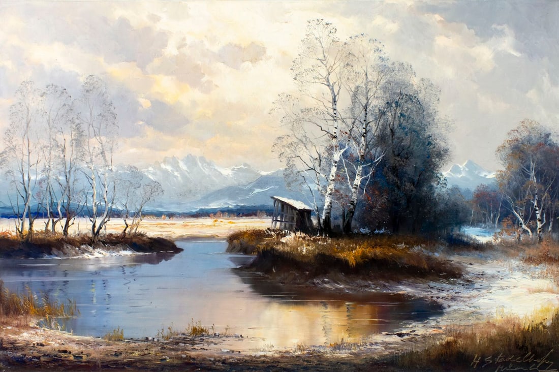 Helmut Stadelhofer (German,1914-1979) oil painting: ARTIST: Helmut Stadelhofer (Germany, 1914 - 1979) TITLE: Mountain Lake Landscape MEDIUM: oil on canvas CONDITION: Unstretched (In-House stretching available). Minor paint