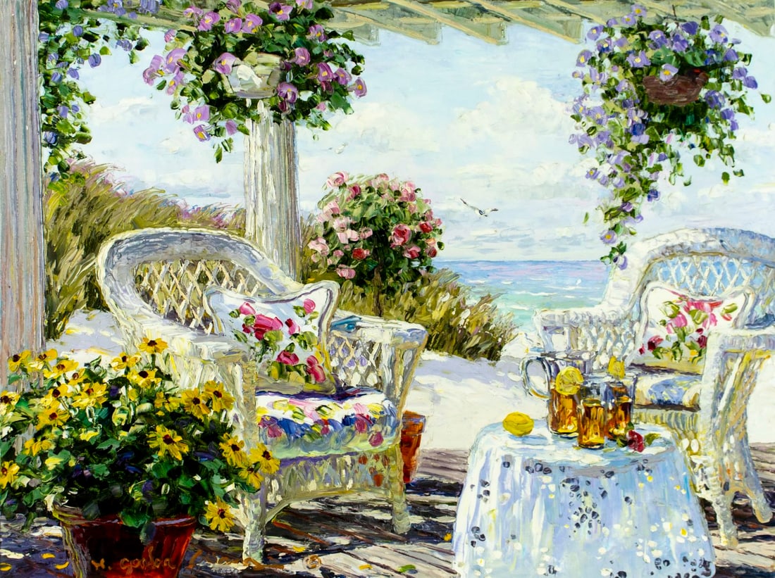 Henry Gordon Wang (China,US,b 1959) oil painting: ARTIST: Henry Gordon Wang (Chinese, American, born 1959) TITLE: Summer Terrace Landscape MEDIUM: oil on canvas CONDITION: Unstretched (In-House stretching available). Some p