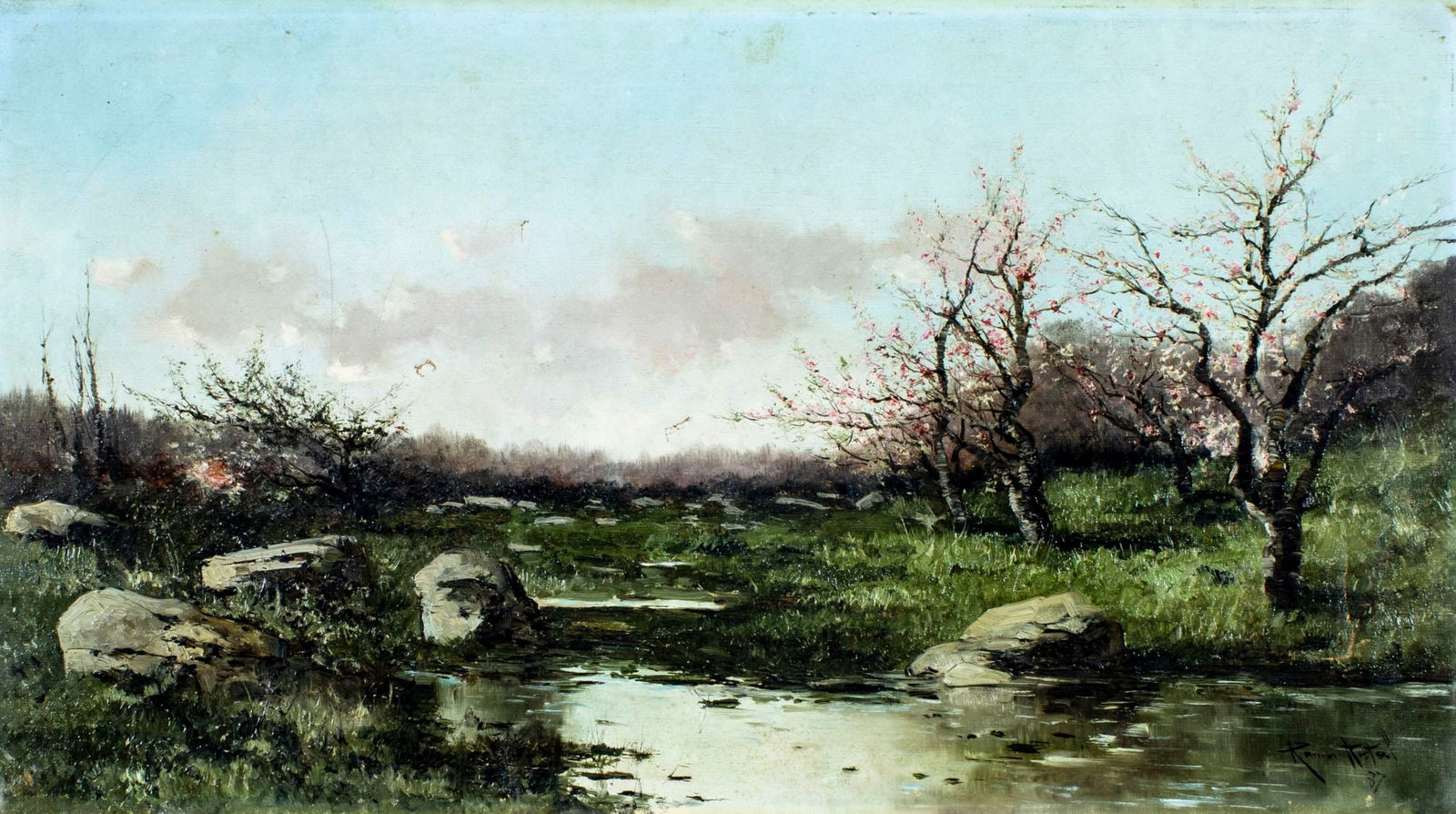 Manuel Ramos Artal (Spain,1855-1900) oil painting antique: ARTIST: Manuel Ramos Artal (Spanish, 1855 - 1900) TITLE: Landscape YEAR: 1887 MEDIUM: oil on canvas CONDITION: Few patches. Small paint losses. No visi