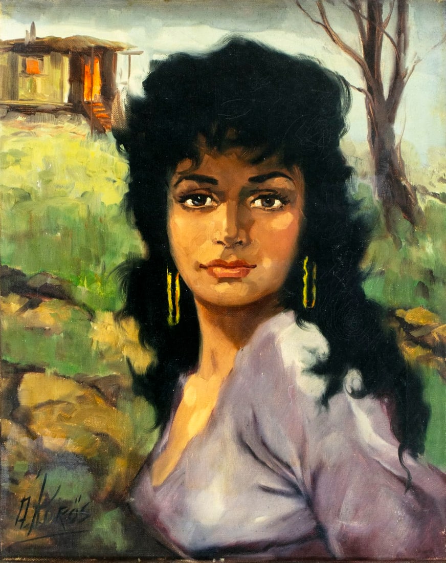 A Koros (Hungary,20C) oil painting: ARTIST: A Koros (Hungarian, 20 century) TITLE: Portrait of Gypsy Woman MEDIUM: oil on canvas CONDITION: One pinhole by the lower edge. One puncture by the left edge. Few sma