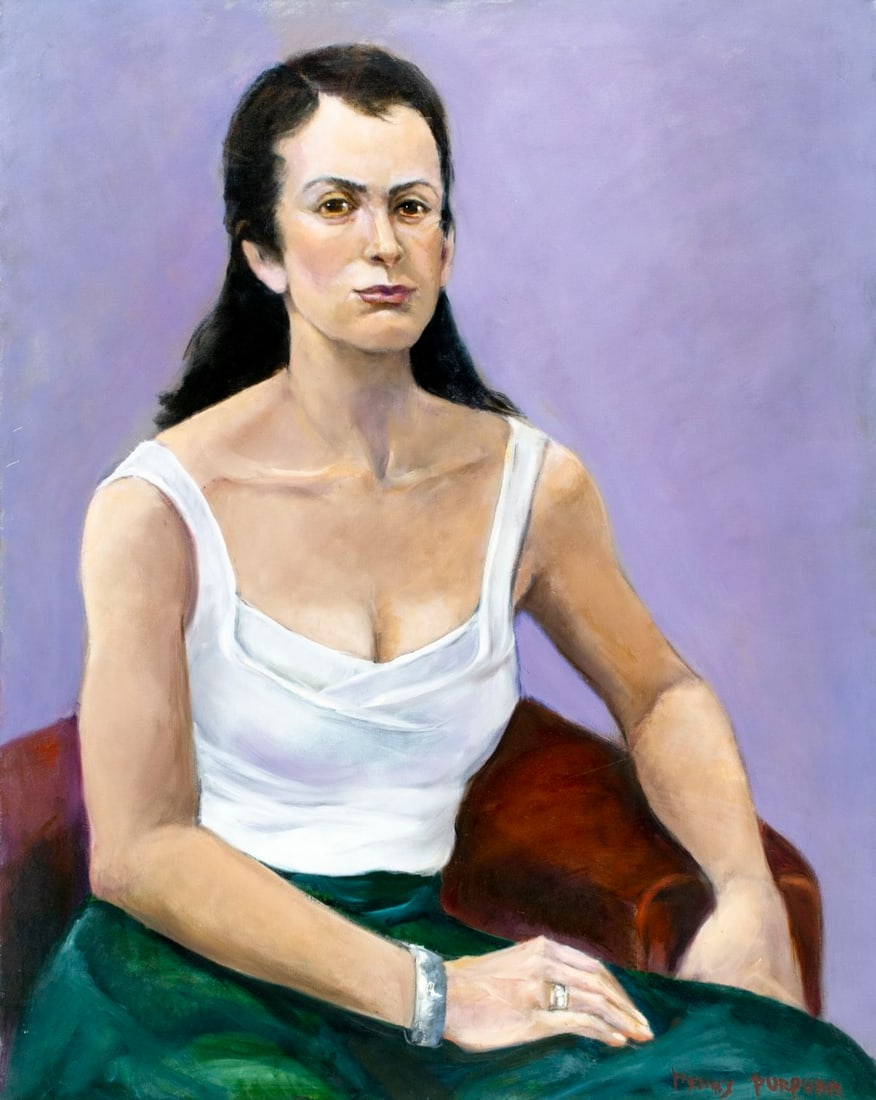 Penny Purpura (US,20C) oil painting: ARTIST: Penny Purpura (American, 20 century) TITLE: Portrait of Woman MEDIUM: oil on canvas CONDITION: Few scratches mostly along the left edge. No visible inpaint under UV