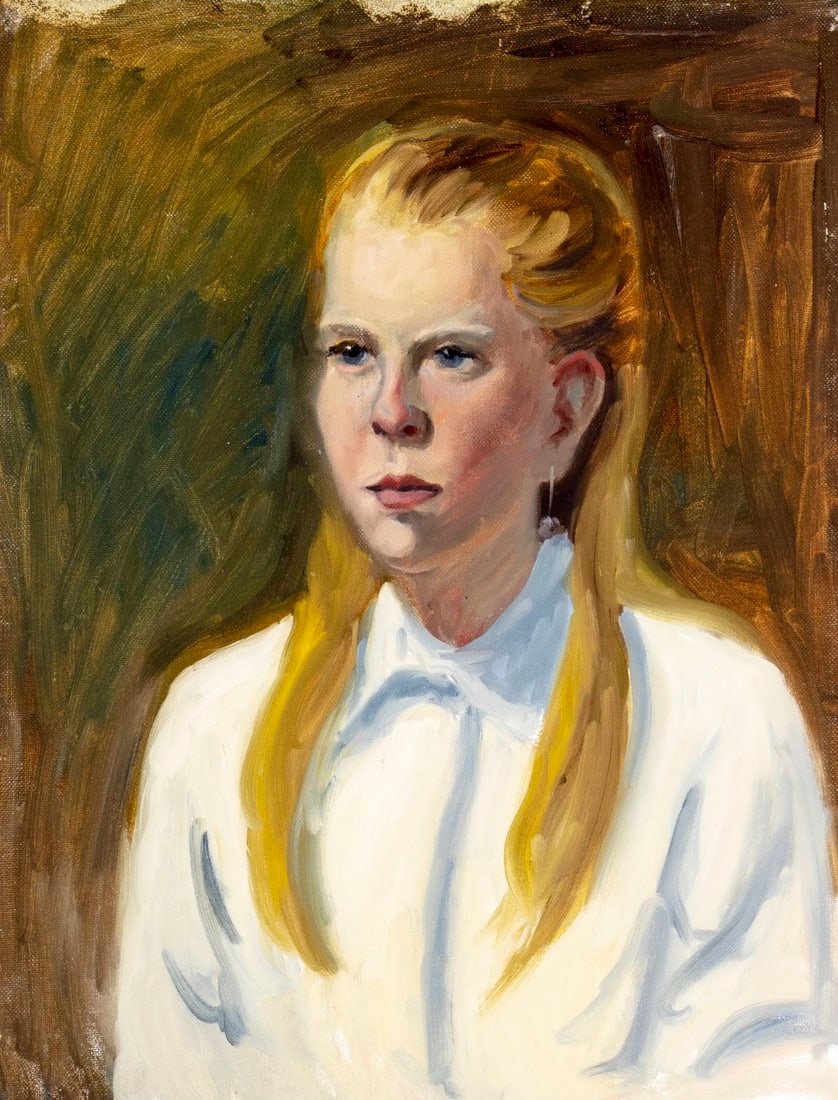 George Holloway (NJ,20C) oil painting: ARTIST: George R Holloway (New Jersey, 20 century) TITLE: Portrait of Woman MEDIUM: oil on canvas board CONDITION: Very good. No visible inpaint under UV light. A