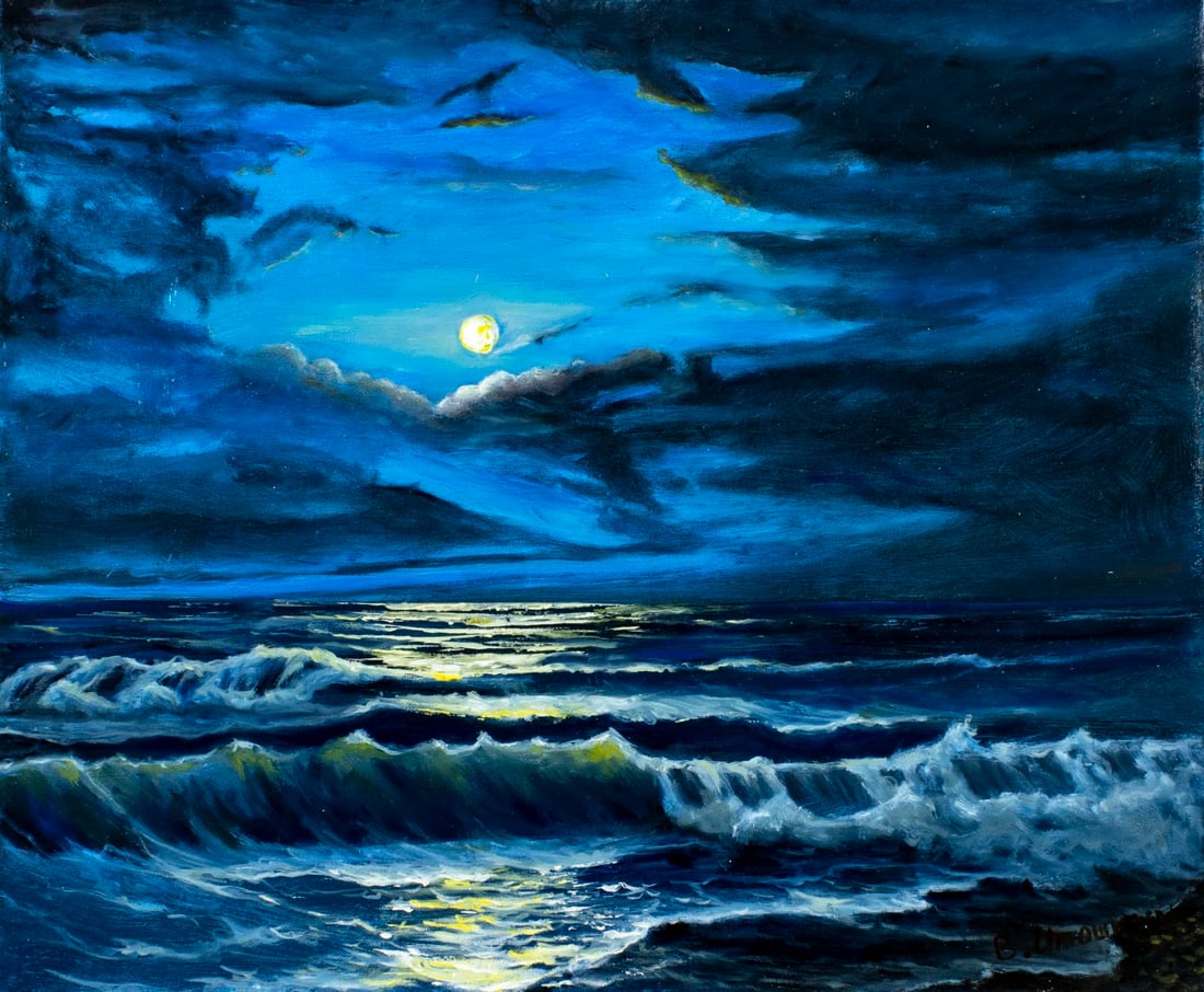 Viktor Ilyushkin (Russia,b 1946) oil painting: ARTIST: Viktor Nikolayevich Ilyushkin (Russian, born 1946) TITLE: Moonlit Seascape, Arkhipo-Osipovka, Russia (titled on verso) MEDIUM: oil on canvas CONDITION: Unstretched (