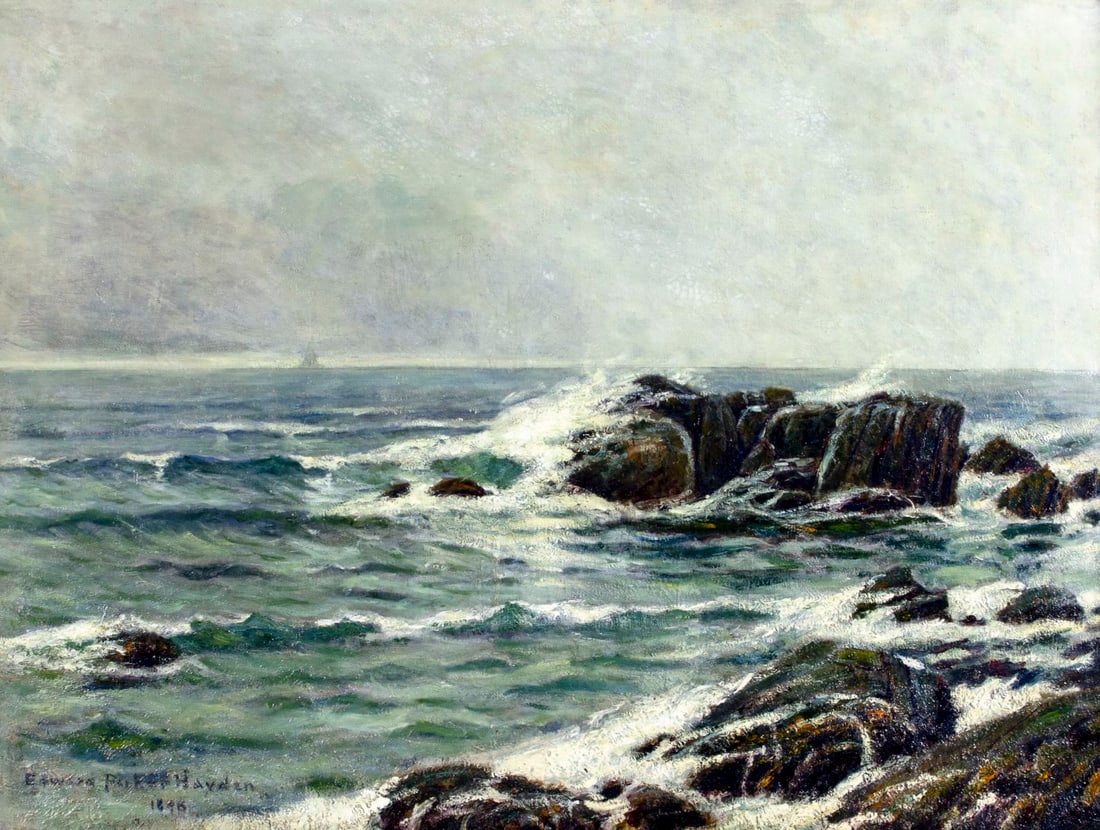 Edward Hayden (NY,MA,OH,1858-1922) oil painting antique: ARTIST: Edward Parker Hayden (New York, Massachusetts, Ohio, 1858 - 1922) TITLE: Rocky Coast YEAR: 1898 MEDIUM: oil on canvas CONDITION: Relined. Few m