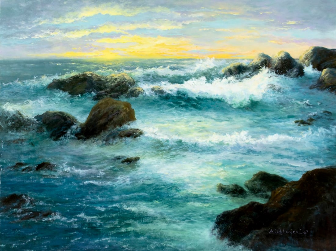 Grace Schlesier (CA,NY,1940-?) oil painting: ARTIST: Grace Schlesier (California, New York, 1940 - ???) TITLE: Sunset Seascape MEDIUM: oil on canvas. Canvas applied to board. CONDITION: Very good. No visible inpaint