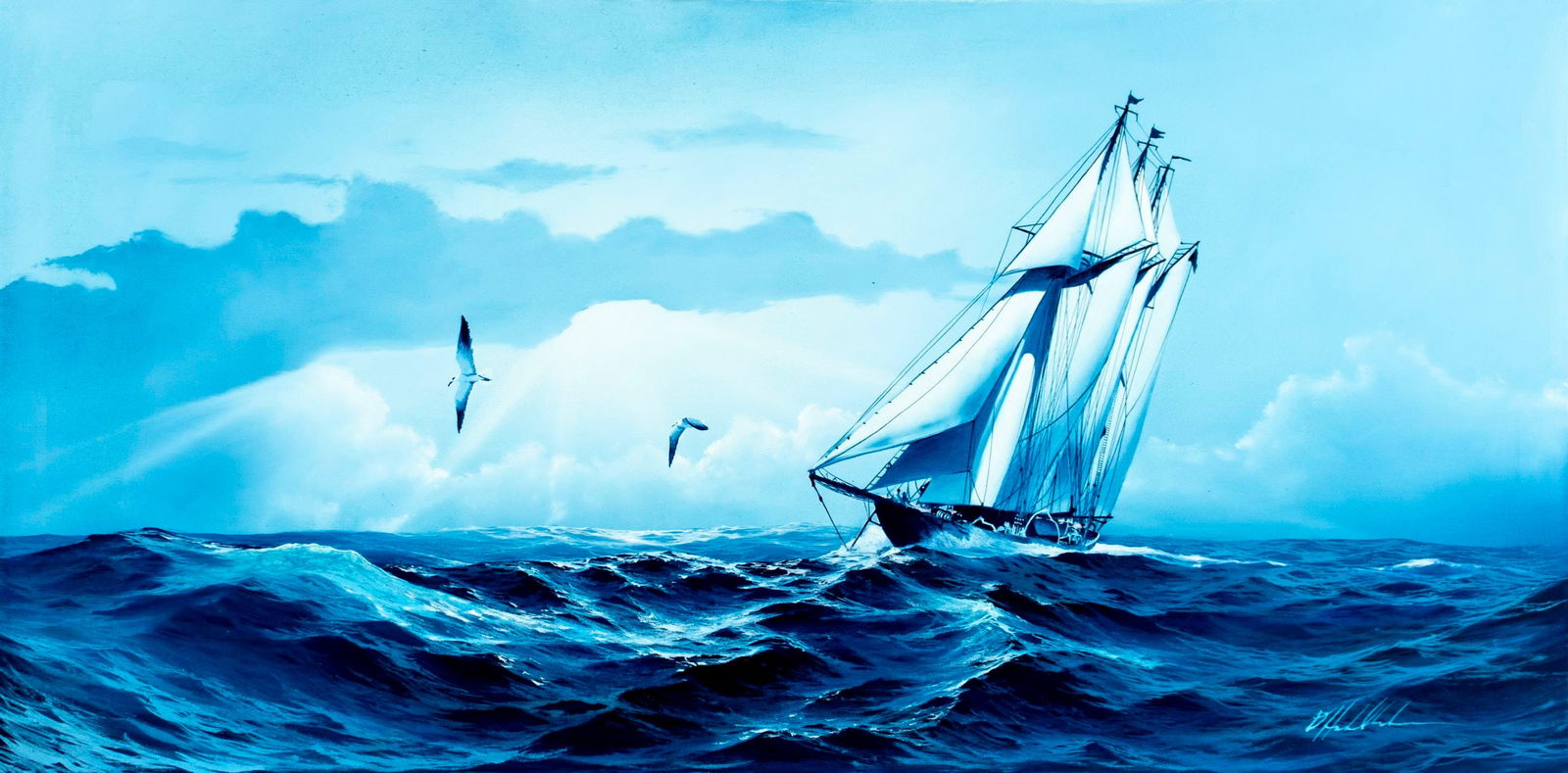 Danny Hahlbohm (NY,b 1949) oil painting: ARTIST: Danny Hahlbohm (New York, born 1949) TITLE: Seascape with Sailing Yacht MEDIUM: oil on canvas CONDITION: Missing a few flakes of paint. No visible inpaint under UV l
