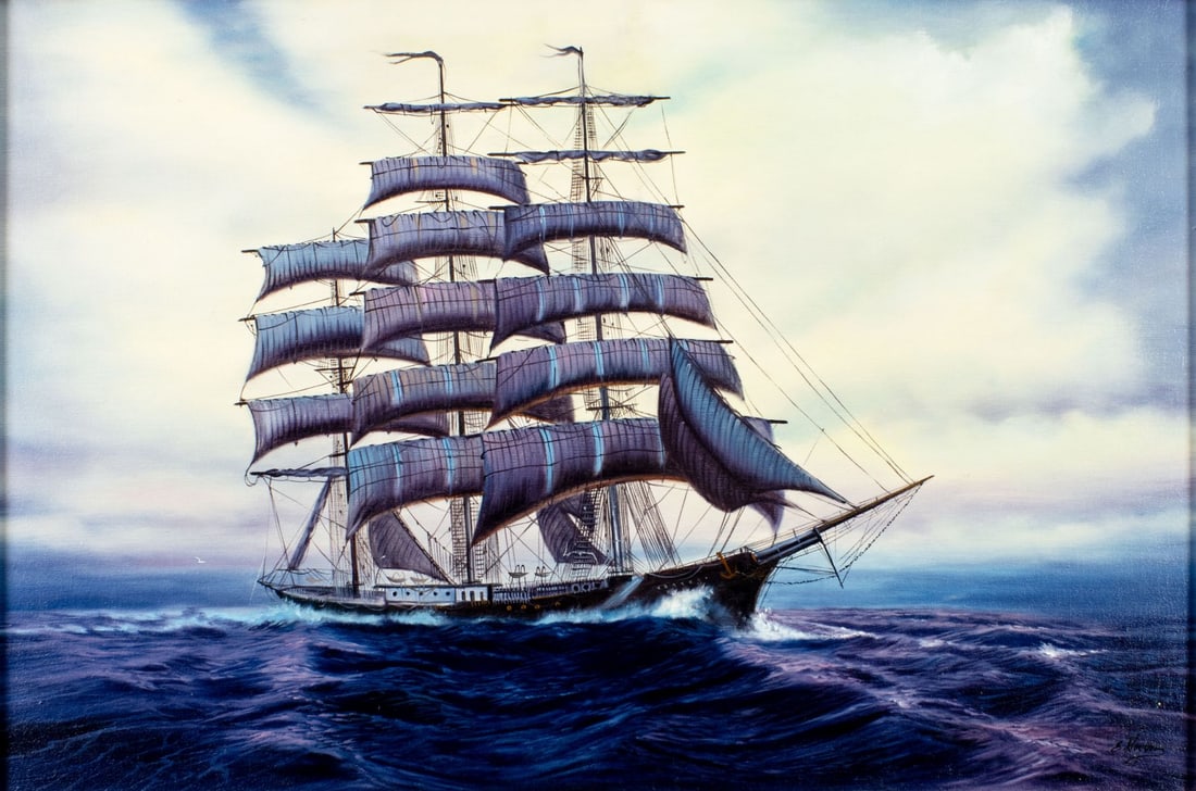 Edgar Santos Nucum (UK,20C) oil painting: ARTIST: Edgar Santos Nucum (United Kingdom, 20 century) TITLE: Sail Ship MEDIUM: oil on canvas CONDITION: Few small scratches/paint losses. No visible inpaint under UV light