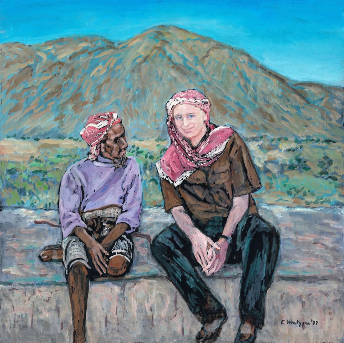 Evelyn Metzger (NY,Brazil,1911-2007) oil painting: ARTIST: Evelyn Borchard Metzger (New York, Brazilian, 1911 - 2007) TITLE: Two Men in Arab Shemagh Head Scarves YEAR: 1997 MEDIUM: oil on board CONDITION: