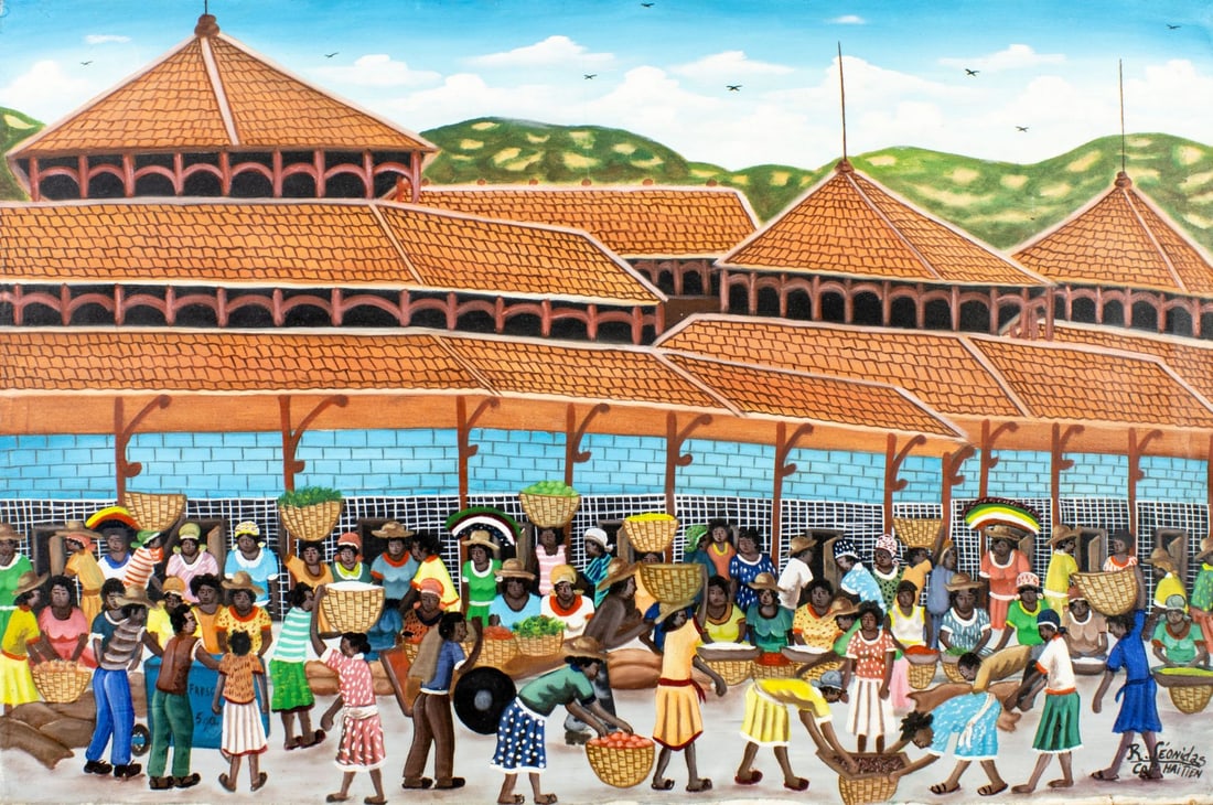 Rony Leonidas (Haiti,1946-2012) oil painting: ARTIST: Rony Leonidas (Haitian, 1946 - 2012) TITLE: Haitian Market Scene MEDIUM: oil on canvas CONDITION: Few minor paint losses. No visible inpaint under UV light. Normal