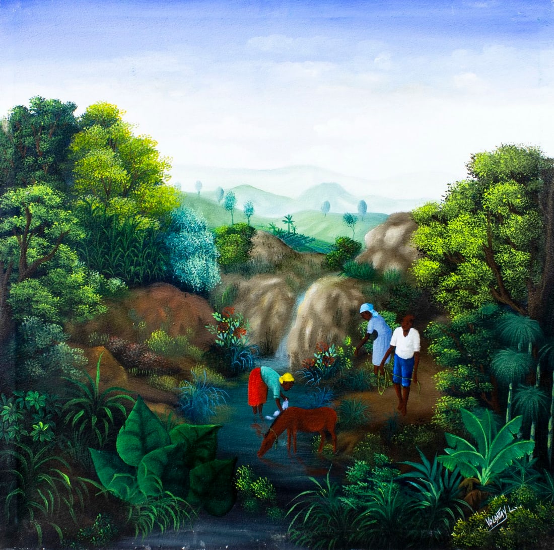 L Valantry (Haiti,20C) oil painting: ARTIST: L Valantry (Haitian, 20 century) TITLE: Haitian Stream Landscape MEDIUM: oil on canvas CONDITION: Minor scratches/paint losses mostly along edges. Minor craquelure.