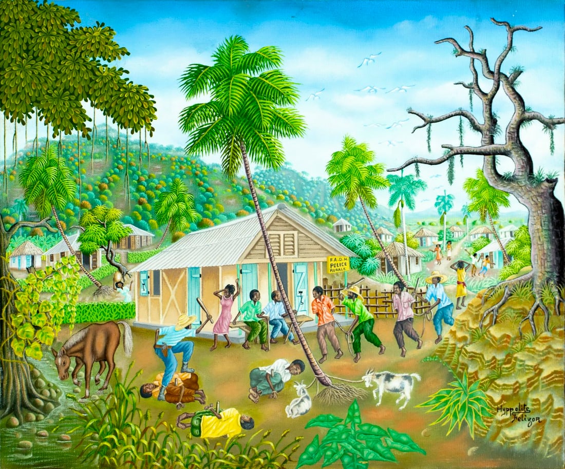 Hyppolite Felizor (Haiti,20C) oil painting: ARTIST: Hypolite Felizor (Haitian, 20 century) TITLE: Haitian Villagers Rise Up Against Ton-Ton Macoutes MEDIUM: oil on canvas CONDITION: Minor damage to the upper left corn