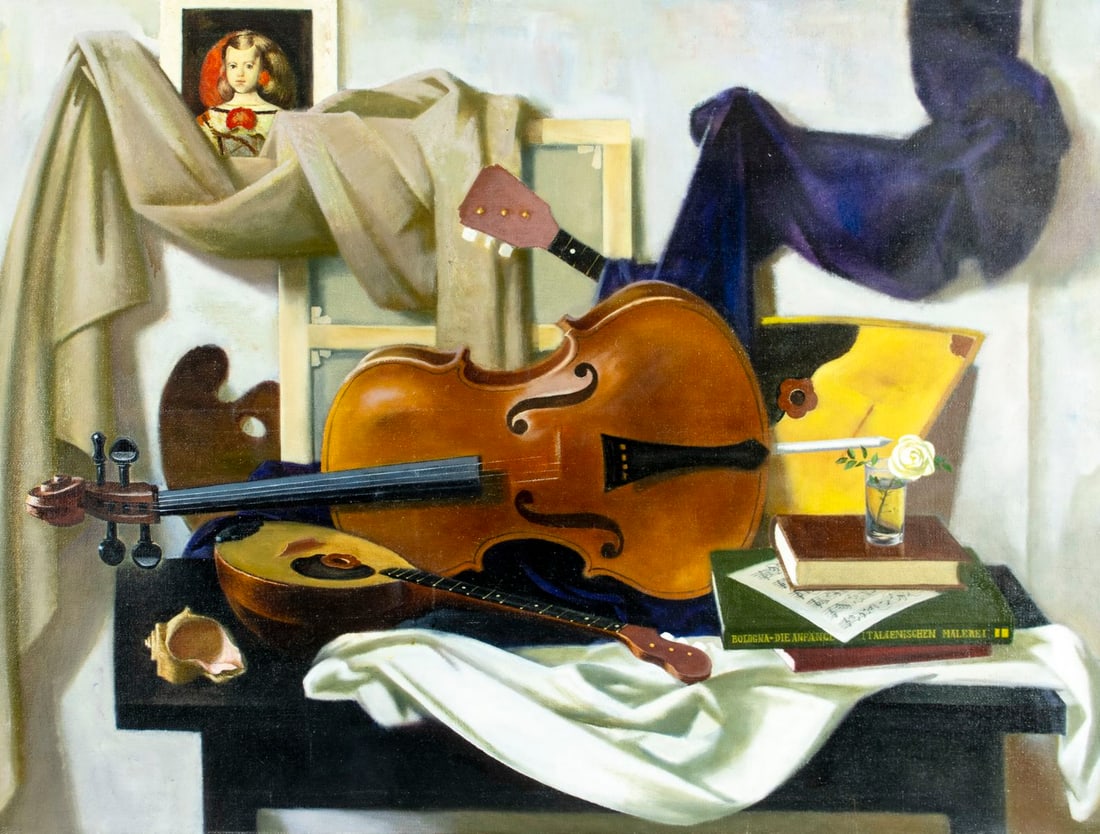 Victor Lysyuk (Russia,b 1954) oil painting: ARTIST: Victor Lysyuk (Russian, born 1954) TITLE: Still Life with Musical Instruments YEAR: 1998 MEDIUM: oil on canvas CONDITION: Few very minor paint lo
