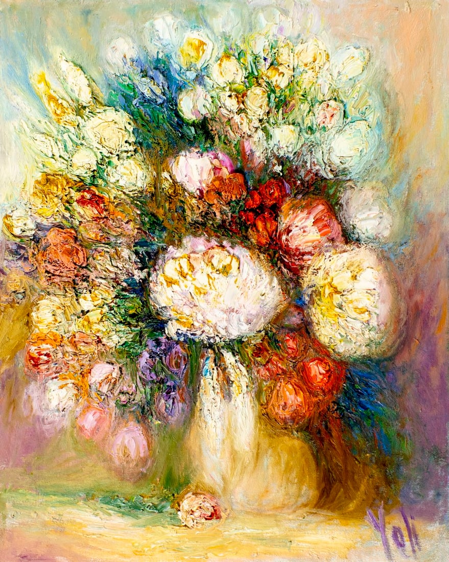Yolanda Razzeto (Peru,1948-?) oil painting: ARTIST: Yolanda Razzeto (Peruvian, 1948 - ???) TITLE: Still Life with Vase of Flowers MEDIUM: oil on canvas CONDITION: Unstretched (In-House stretching available). Overall