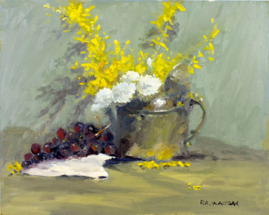 Robert Waltsak (NJ,b 1944) oil painting: ARTIST: Robert Alan Waltsak (New Jersey, born 1944) TITLE: Still Life with Flowers and Grapes MEDIUM: oil on board CONDITION: Overall good. No visible inpaint under UV light