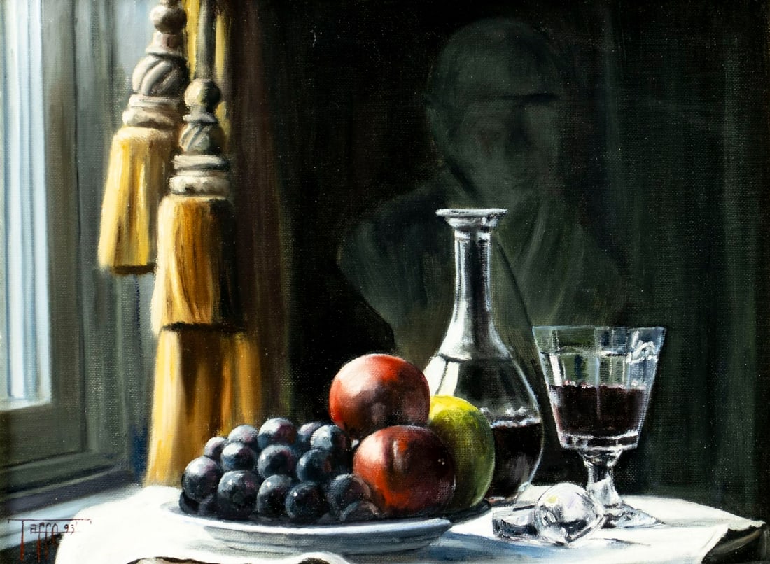 Thomas Taffe (US,20C) oil painting: ARTIST: Thomas Taffe (American, 20 century) TITLE: Still Life with Fruits YEAR: 1993 MEDIUM: oil on canvas board CONDITION: Very good. No visible inpaint
