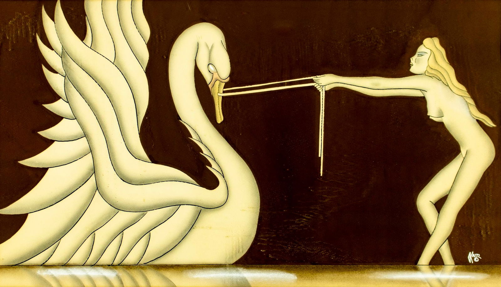 Gustav Kaitz (NY,1913-1992) mixed media painting: ARTIST: Gustav Kaitz (New York, 1913 - 1992) TITLE: Nude with Swan MEDIUM: mixed media on paper CONDITION: Minor age toning. Framed under glass. Minor damages to frame. <