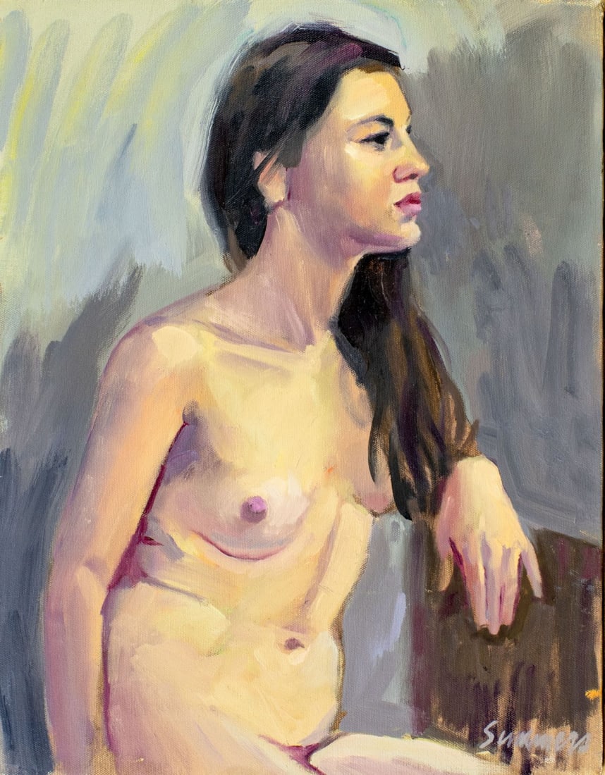 Summers (US,20C) oil painting: ARTIST: Summers (American, 20 century) TITLE: Seated Nude MEDIUM: oil on canvas CONDITION: One minor inpainting/touch up. ART SIZE: 18 x 14 inches / 45 x