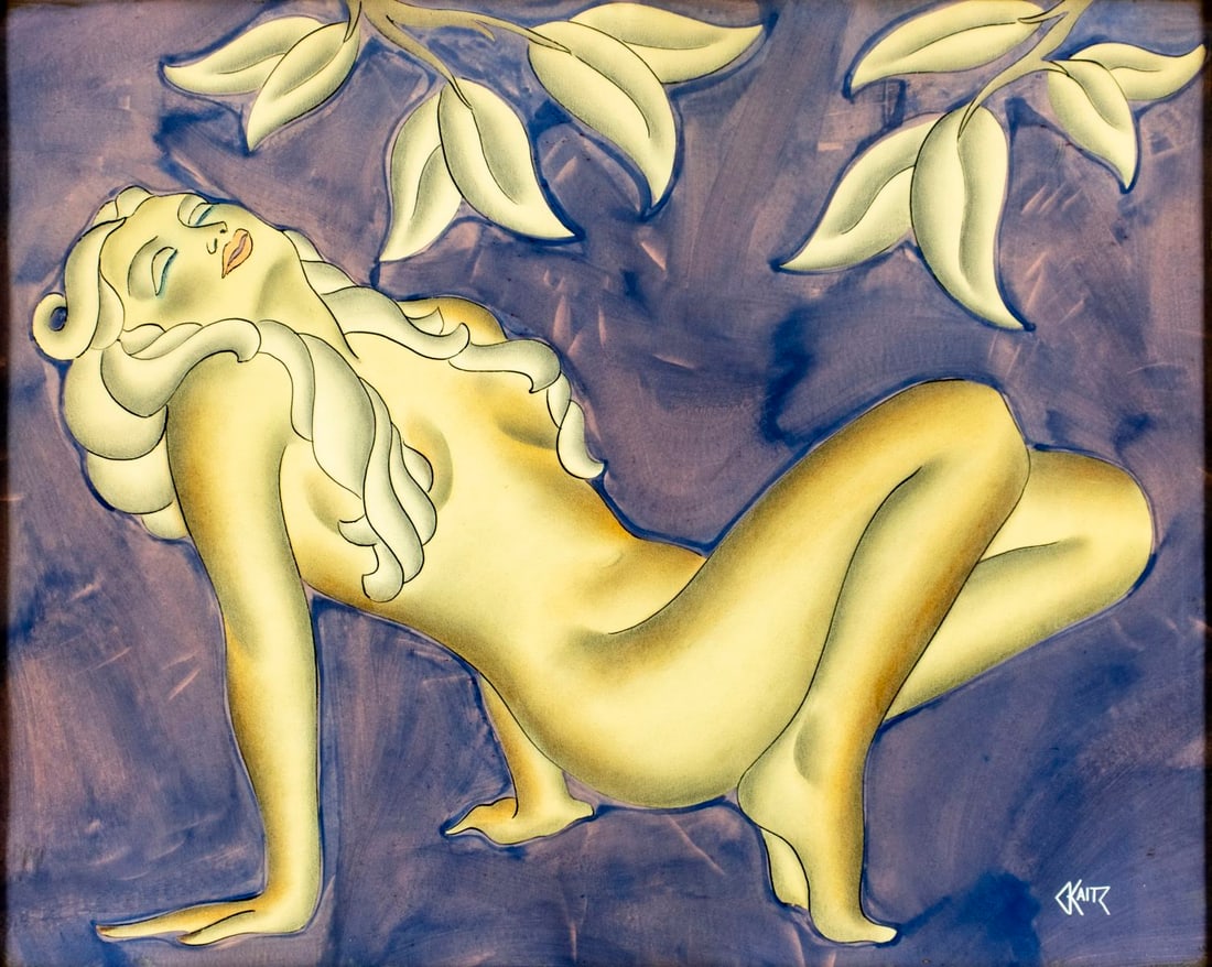 Gustav Kaitz (NY,1913-1992) mixed media painting: ARTIST: Gustav Kaitz (New York, 1913 - 1992) TITLE: Nude MEDIUM: mixed media on paper CONDITION: Minor age toning. Framed under glass. Minor damages to frame. A