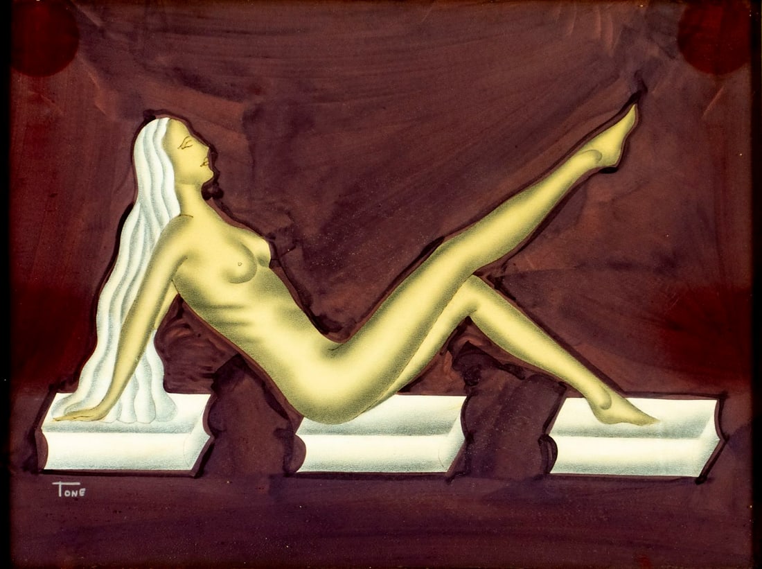 Tone (US,mid 20C) mixed media painting: ARTIST: Tone (American, mid 20 century) TITLE: Nude MEDIUM: mixed media on paper CONDITION: Overall good. Framed under glass. Some damages to frame. ART SIZE: