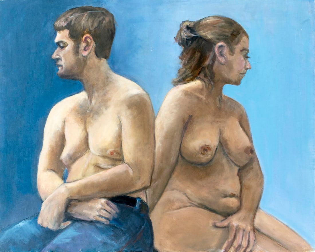 Penny Purpura (US,20C) oil painting: ARTIST: Penny Purpura (American, 20 century) TITLE: Seated Nude Woman and Man YEAR: 2011 MEDIUM: oil on canvas CONDITION: Few minor scratches/paint losse