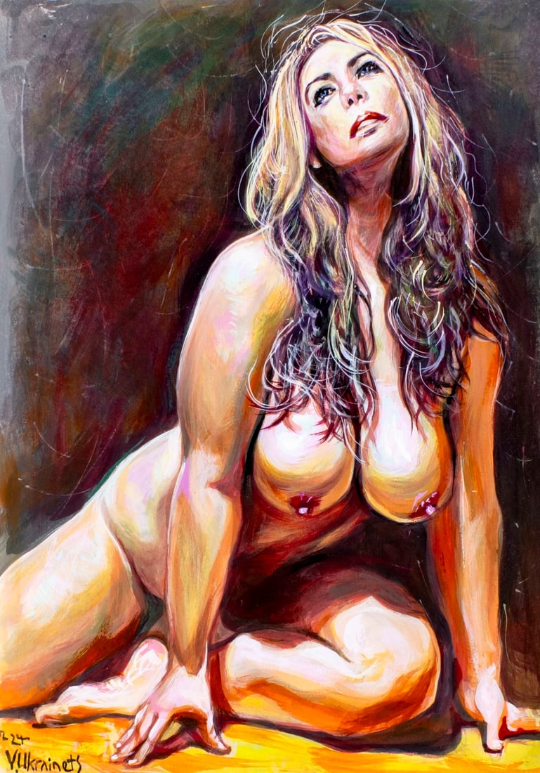 Valentin Ukrainets (Ukraine,b 1965) acrylic painting: ARTIST: Valentin Ukrainets (Ukrainian, born 1965) TITLE: Nude - Girl with a Beautiful Body (titled on verso) MEDIUM: acrylic on heavy paper CONDITION: Very good. No visible