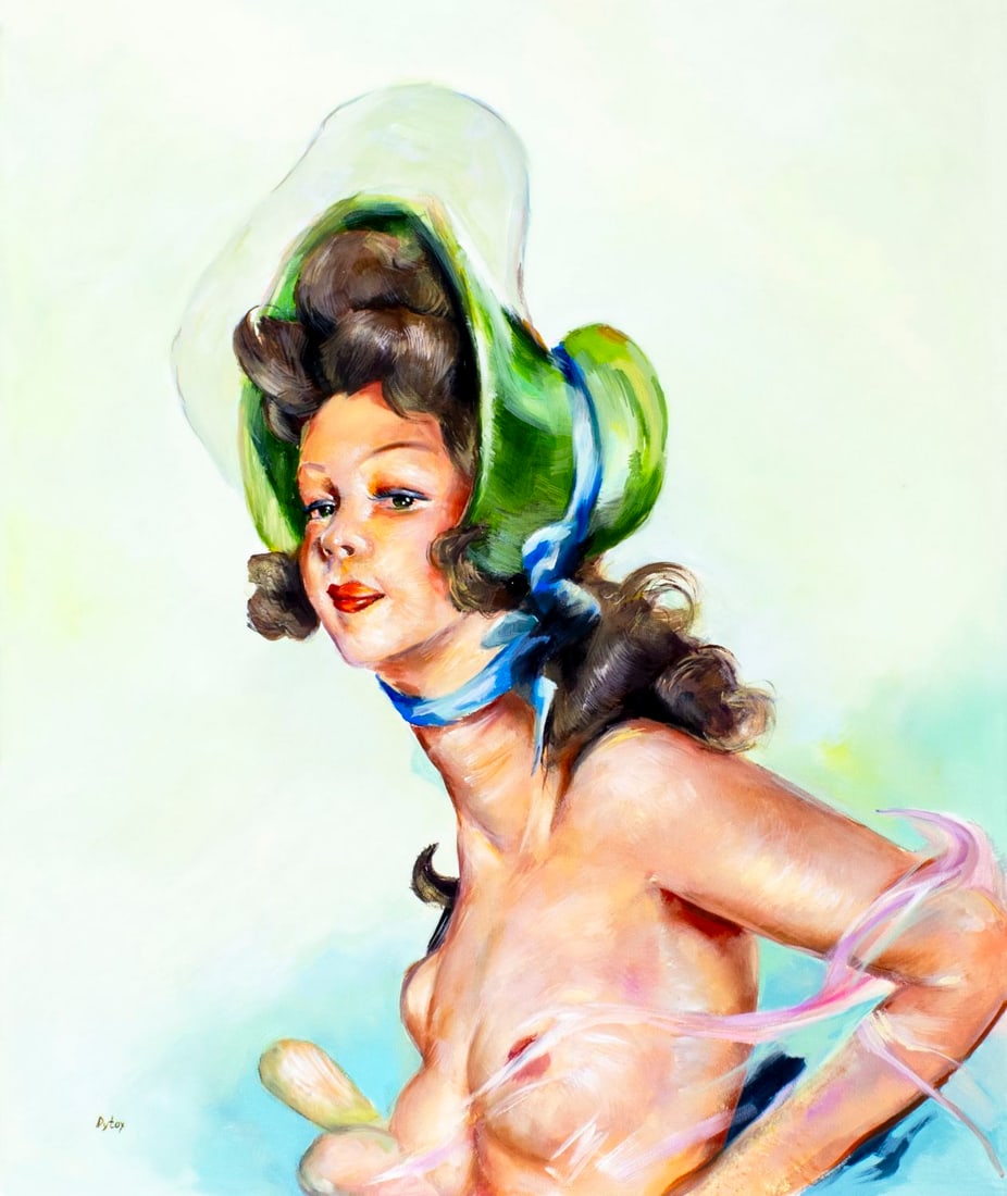 Dmitro Yaschenko (Ukraine,b 1990) oil painting AFTER Domergue: ARTIST: Dmitro Yaschenko (Ukrainian, born 1990) AFTER Jean Gabriel Domergue TITLE: Nude with Bonnet MEDIUM: oil on canvas CONDITION: Unstretched (In-House stretching availab