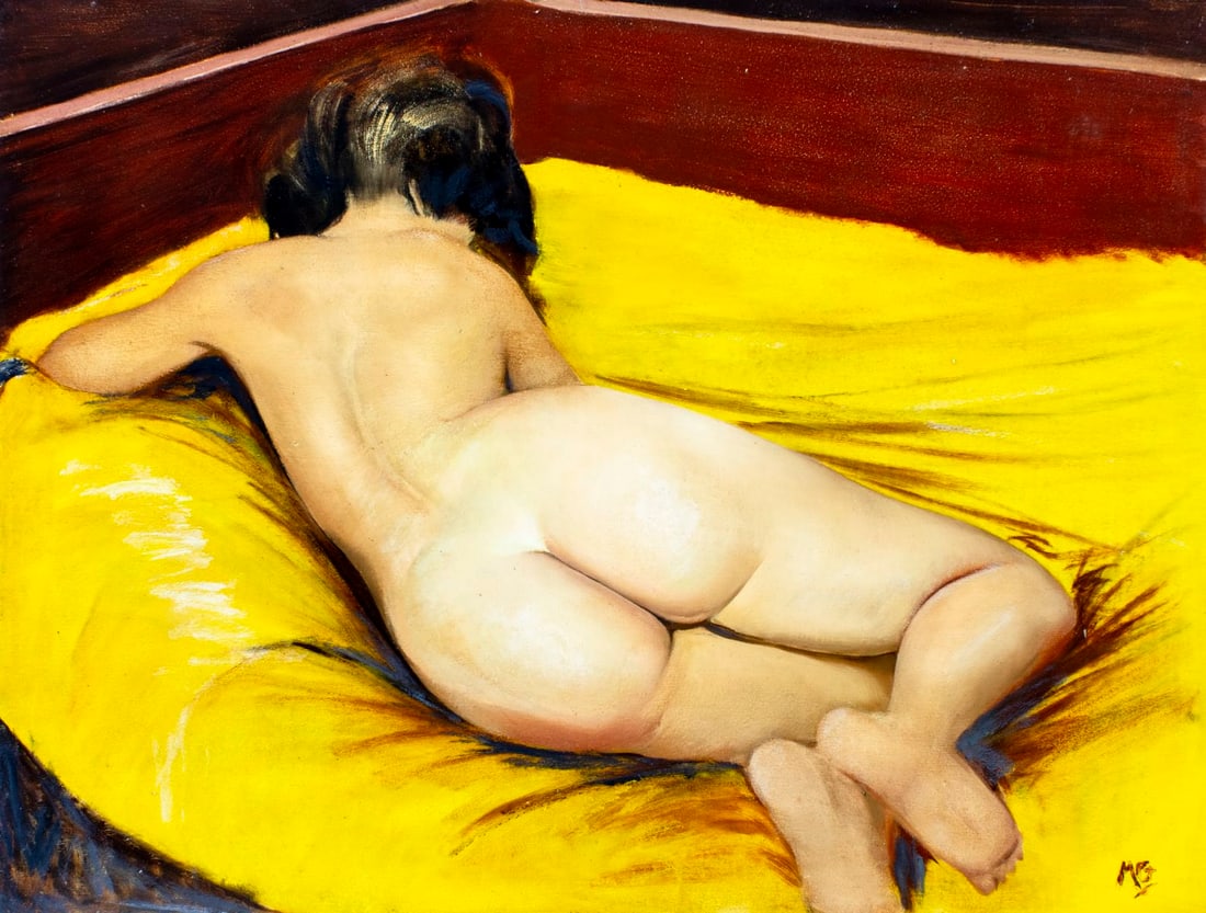 Marc Olivier Gregoire (France,1897-1991) oil painting: ARTIST: Marc Olivier Gregoire (French, 1897 - 1991) TITLE: Nude - Don't Be Shy (titled on versp) MEDIUM: oil on board CONDITION: Minor scratches/paint losses. No visible i