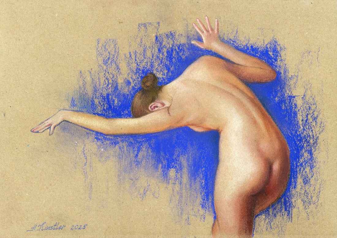 Anna Kintsler (Ukraine,b 2001) pastel painting: ARTIST: Anna Kintsler (Ukrainian, born 2001) TITLE: Nude MEDIUM: pastel on paper CONDITION: Very good. ART SIZE: 8 x 12 inches / 20 x 30 cm FR