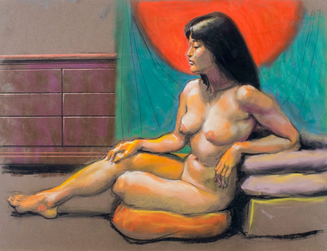 Karl Foster (PA,b 1933) pastel painting: ARTIST: Karl Foster (Pennsylvania, born 1933) TITLE: Seated Nude MEDIUM: pastel on heavy paper CONDITION: Very good. ART SIZE: 20 x 26 inches / 50 x 66 c