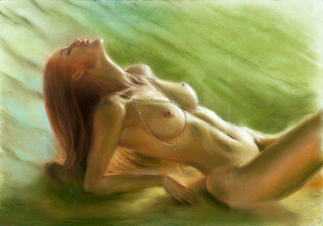 Elena Khafuz (Ukraine,b 1991) pastel painting: ARTIST: Elena Khafuz (Ukrainian, born 1991) TITLE: Nude MEDIUM: pastel on heavy paper CONDITION: Minor damage to the lower right corner. Some small scratches/paint losses.