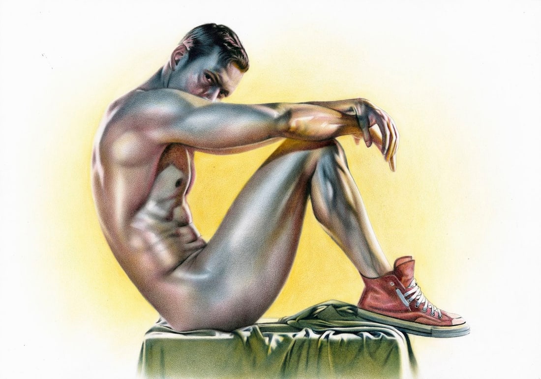 Yaroslav Novostavskiy (Ukraine,b 1989) dry brush oil painting: ARTIST: Yaroslav Novostavskiy (Ukrainian, born 1989) TITLE: Male Nude MEDIUM: dry brush oil on paper CONDITION: Very good. ART SIZE: 12 x 17 inches / 30