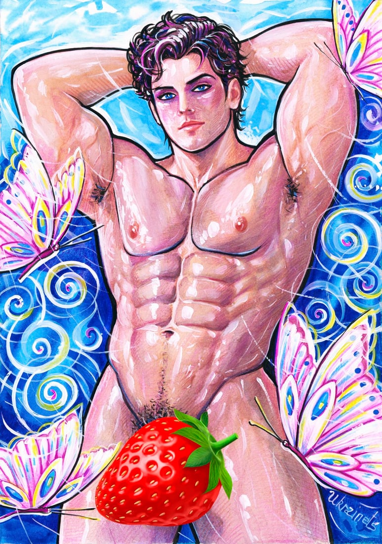 Alex Ukrainets (Ukraine,b 2001) mixed media painting: ARTIST: Alex Ukrainets (Ukrainian, born 2001) TITLE: Male Nude - Morning Fantasy (titled on verso) MEDIUM: mixed media on heavy paper CONDITION: Very good. ART SI