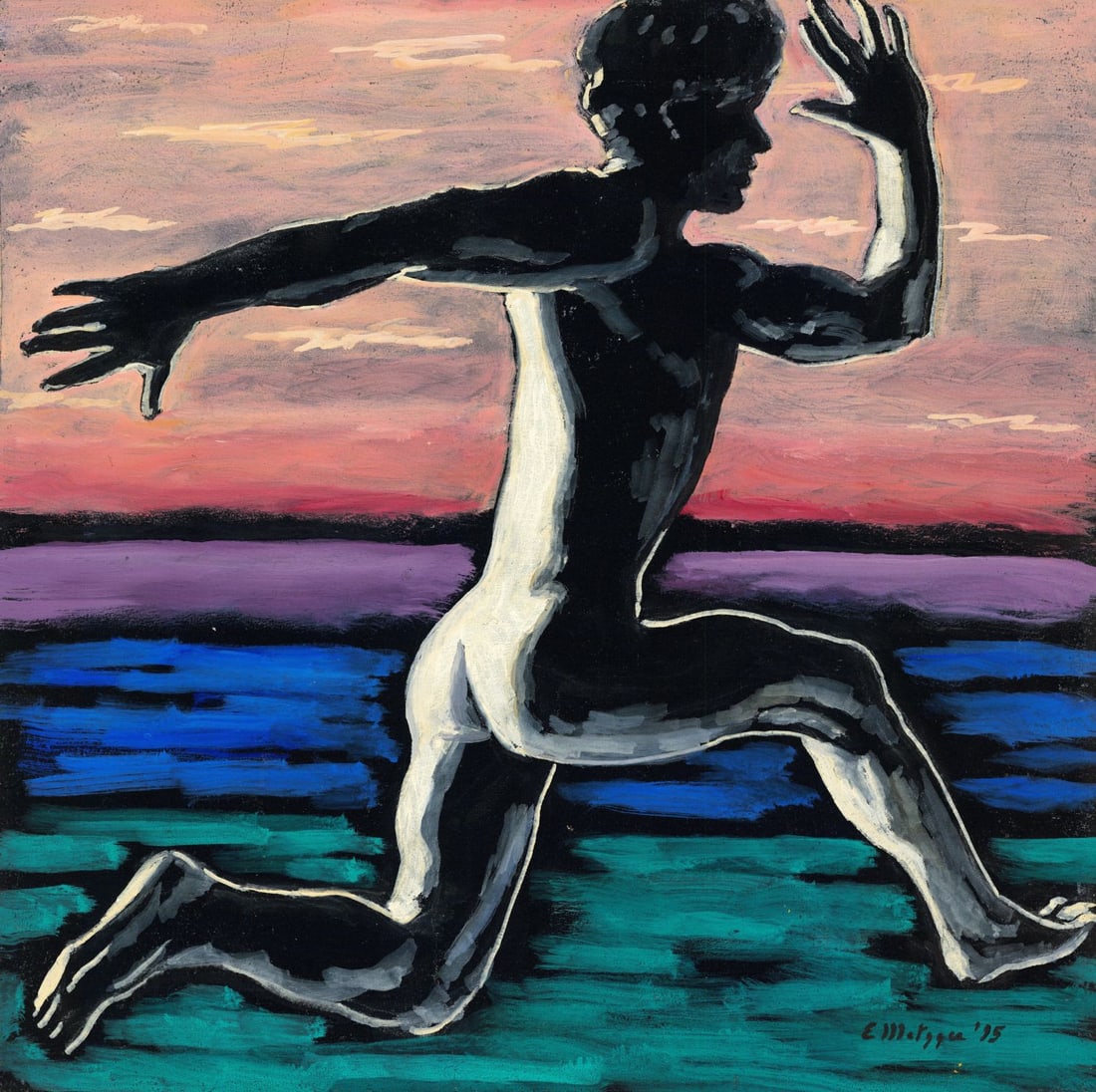 Evelyn Metzger (NY,Brazil,1911-2007) oil painting: ARTIST: Evelyn Borchard Metzger (New York, Brazilian, 1911 - 2007) TITLE: Nude Runner (titled on verso) YEAR: 1995 MEDIUM: oil on board CONDITION: Few