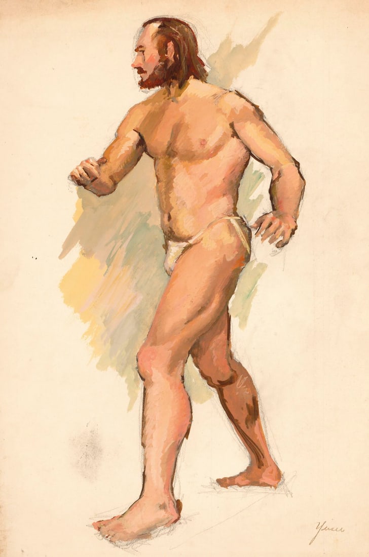 Charles Yeiser (NY,1925-2005) gouache painting: ARTIST: Charles Yeiser (New York, 1925 - 2005) TITLE: Male Nude MEDIUM: gouache on board CONDITION: Some small damages to corners and the lower edge. Minor foxing. Some ag