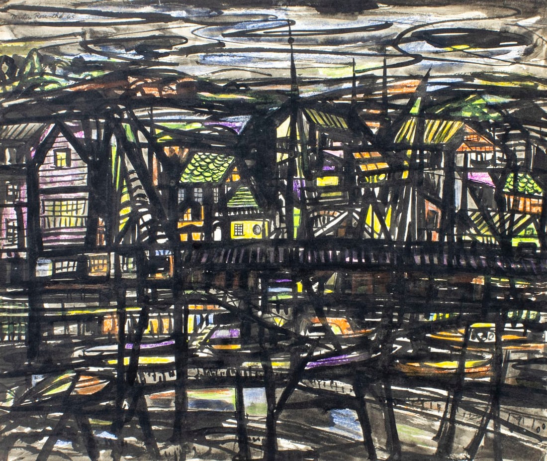 Martin Rosenthal (NY,MA,1899-1974) mixed media painting: ARTIST: Martin Rosenthal (New York, Massachusetts, 1899 - 1974) TITLE: Abstract Composition YEAR: 1965 MEDIUM: mixed media on paper CONDITION: Few smal