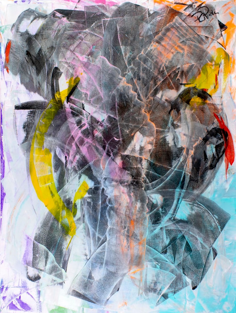 Pios Rodaman (FL,Brazil,b 1953) acrylic painting: ARTIST: Pios Rodaman (Florida, Brazilian, born 1953) TITLE: Abstract Composition - Non Realistic XCVI (titled on verso) MEDIUM: acrylic on canvas CONDITION: Overall good. No