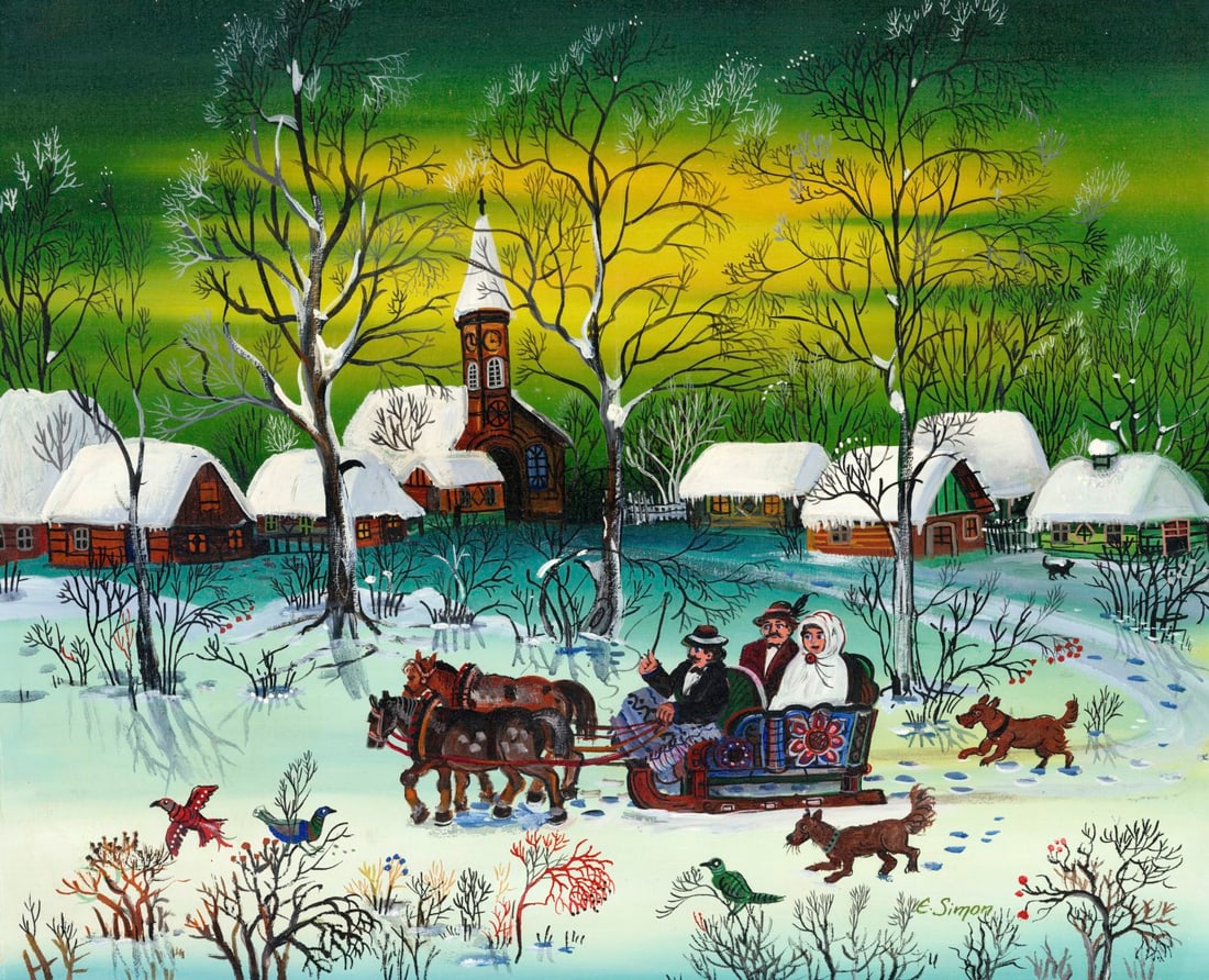 Edith Simon (German,1917-2003) oil painting: ARTIST: Edith Simon (Germany, 1917 - 2003) TITLE: Winter Village Scene MEDIUM: oil on canvas CONDITION: Unstretched (In-House stretching available). Few minor paint losses