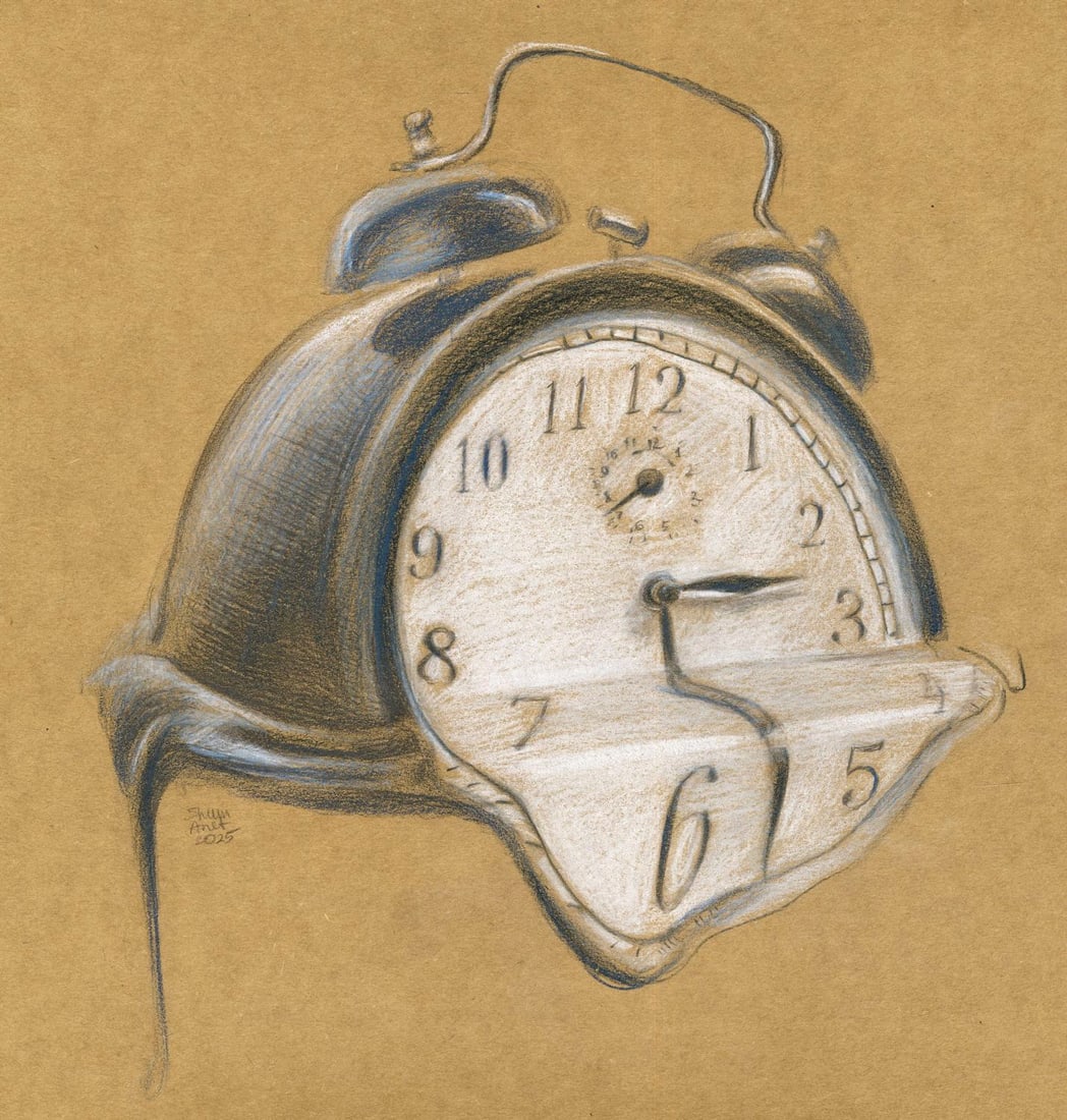 Anna Basalyko (Ukraine,20/21C) pastel painting: ARTIST: Anna Basalyko (Ukrainian, 20/21 centuries) TITLE: Melting Clock MEDIUM: pastel on paper CONDITION: Very good. ART SIZE: 12 x 11 inches / 30 x 27