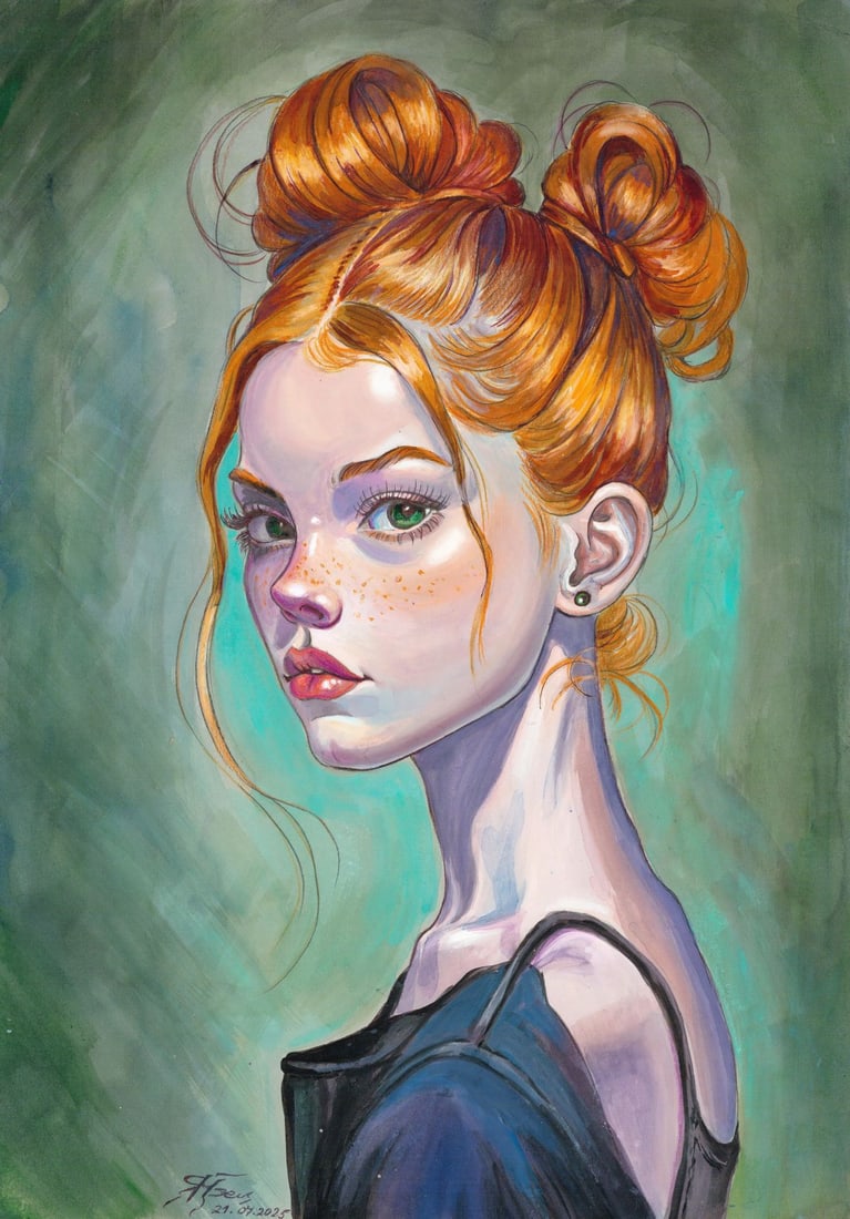 Maria Yarkina (Ukraine,b 1983) mixed media painting: ARTIST: Maria Yarkina (Ukraine, born 1983) TITLE: Portrait of Redhead Woman MEDIUM: mixed media on heavy paper CONDITION: Very good. ART SIZE: 17 x 12 in