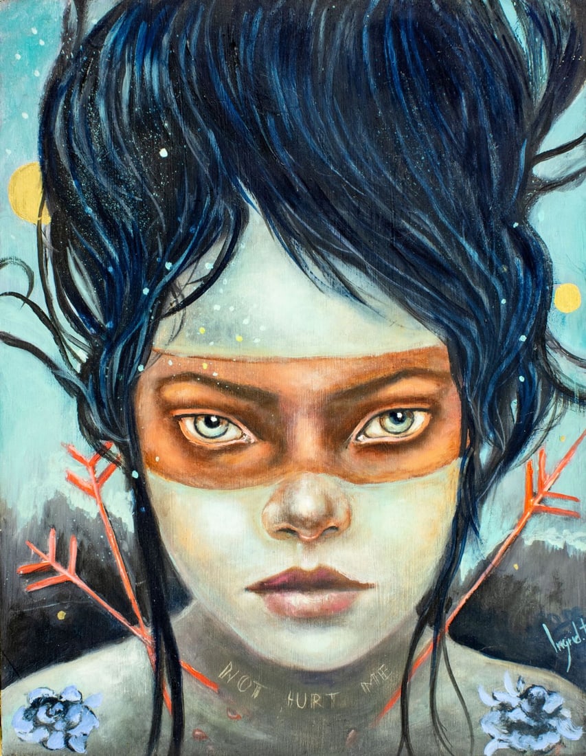 Ingrid Tusell Domingo (Spain,b 1978) acrylic painting: ARTIST: Ingrid Tusell Domingo (Spanish, born 1978) TITLE: Portrait of Woman MEDIUM: acrylic on board CONDITION: Few minor scratches. No visible inpaint under UV light.