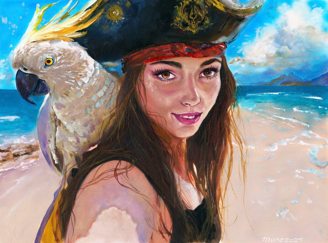 Olga Dolgikova (Ukraine,b 1967) oil painting: ARTIST: Olga Dolgikova (Ukrainian, born 1967) TITLE: Pirate Woman with Parrot MEDIUM: oil on heavy paper CONDITION: Very good. No visible inpaint under UV light.