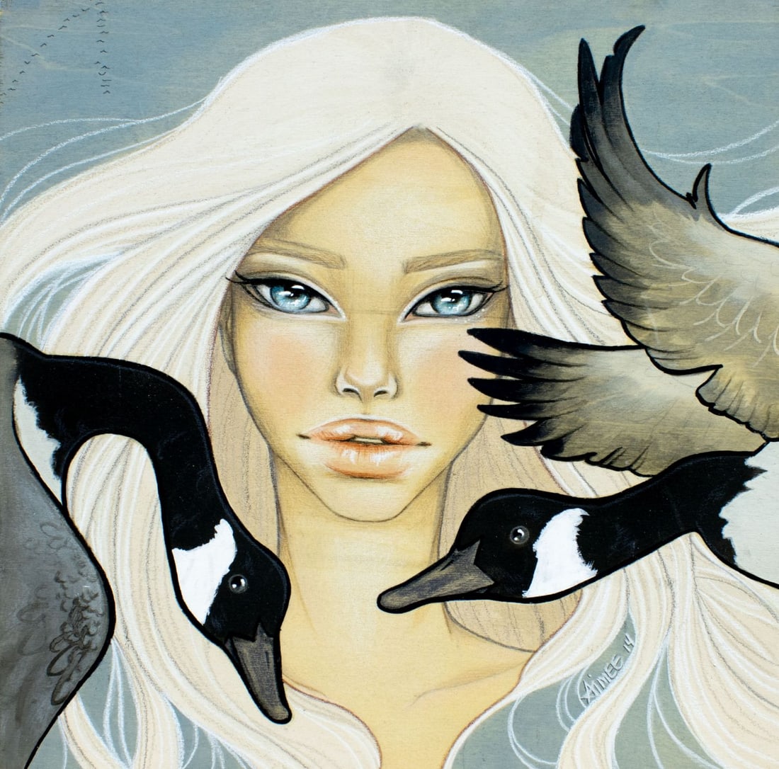 Aimee Starr (MI,20/21C) acrylic painting: ARTIST: Aimee Starr (Michigan, 20/21 centuries) TITLE: Portrait of Woman YEAR: 2014 MEDIUM: acrylic on board CONDITION: Overall good. No visible inpaint