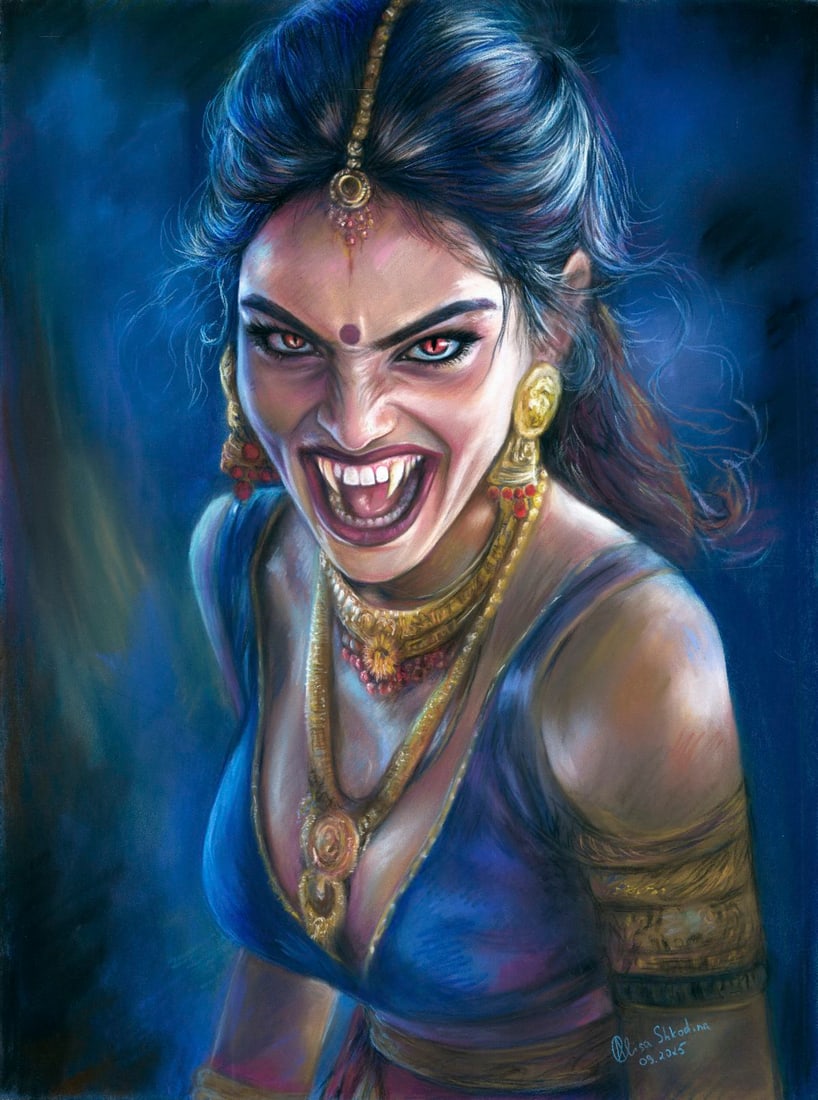 Alisa Shkodina (Ukraine,b 1992) pastel painting: ARTIST: Alisa Shkodina (Ukrainian, born 1992) TITLE: Vampire Woman MEDIUM: pastel on heavy paper CONDITION: Very good. ART SIZE: 16 x 12 inches / 40 x 30