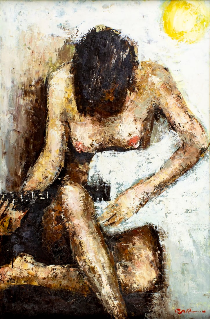 Edward Barton (CA,TX,1926-2012) oil painting: ARTIST: Edward Barton (California, Texas, 1926 - 2012) TITLE: Nude Playing Guitar MEDIUM: oil on canvas CONDITION: Missing a few flakes of paint. Some craquelure. No visib