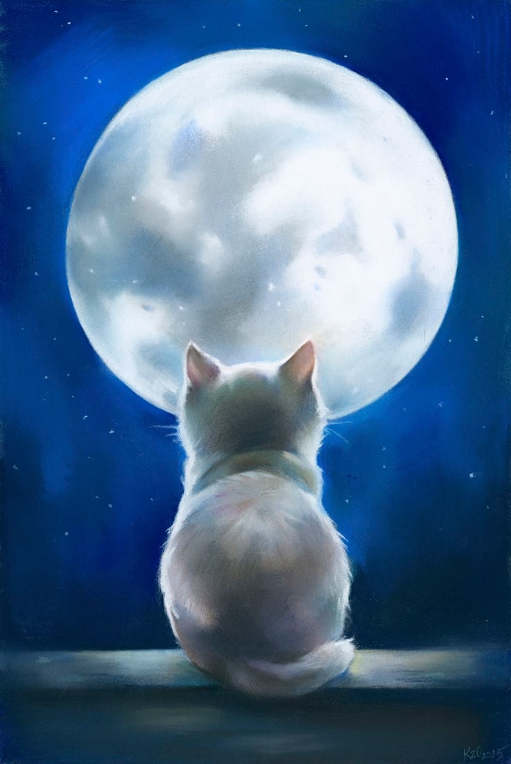 Olga Kuznezova (Ukraine,b 2000) pastel painting: ARTIST: Olga Kuznezova (Ukrainian, born 2000) TITLE: Kitten and Moon MEDIUM: pastel on heavy paper CONDITION: Very good. ART SIZE: 12 x 8 inches / 30 x 2